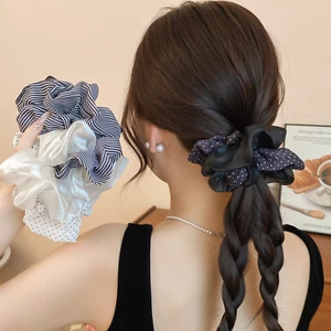 Satin Scrunchies với chấm bi & sọc in, Dây buộc tóc lớn thanh lịch, Phụ kiện tóc thông thường mềm mại dành cho nữ mặc hàng ngày & văn phòng