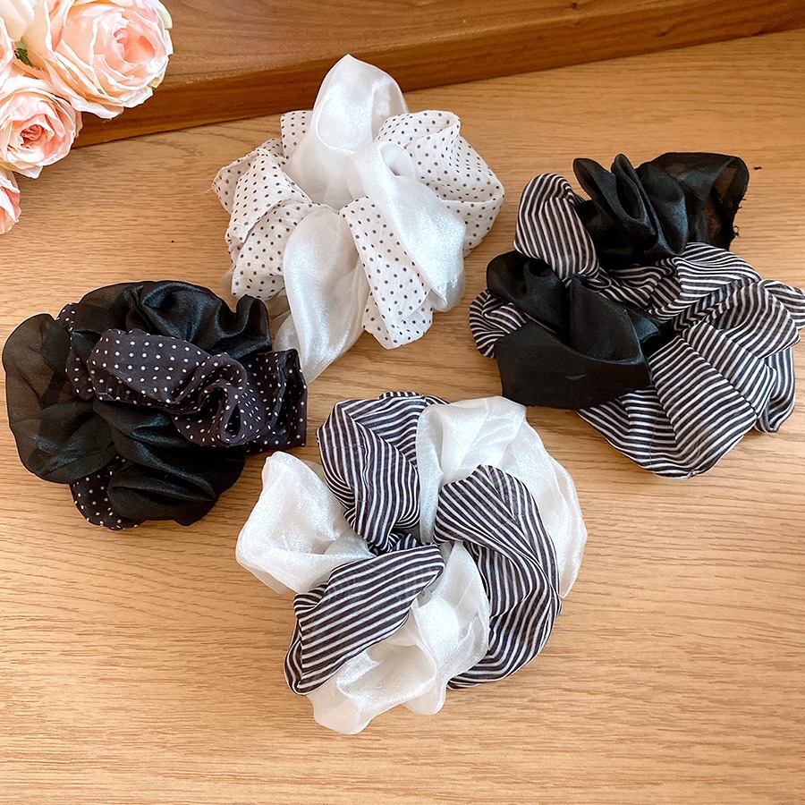 Satin Scrunchies với chấm bi & sọc in, Dây buộc tóc lớn thanh lịch, Phụ kiện tóc thông thường mềm mại dành cho nữ mặc hàng ngày & văn phòng