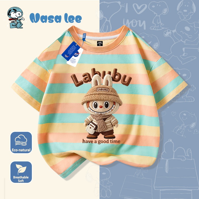 Baju T Kanak Kanak Labubu Corak Garis Comel Cotton Lembut Sesuai Pakai Harian Sekolah