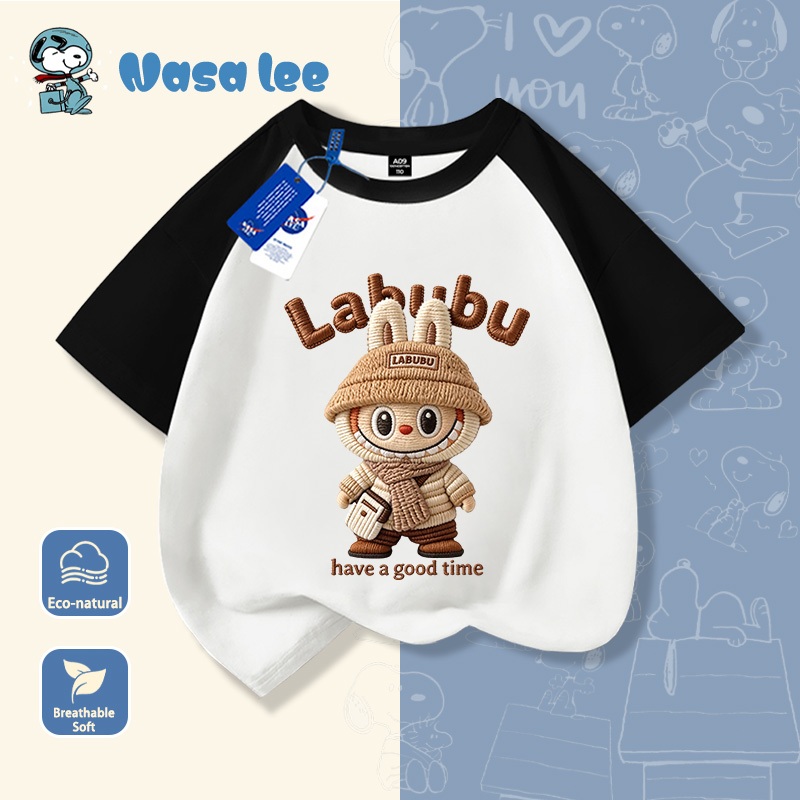 Baju T Kanak Kanak Labubu Corak Garis Comel Cotton Lembut Sesuai Pakai Harian Sekolah