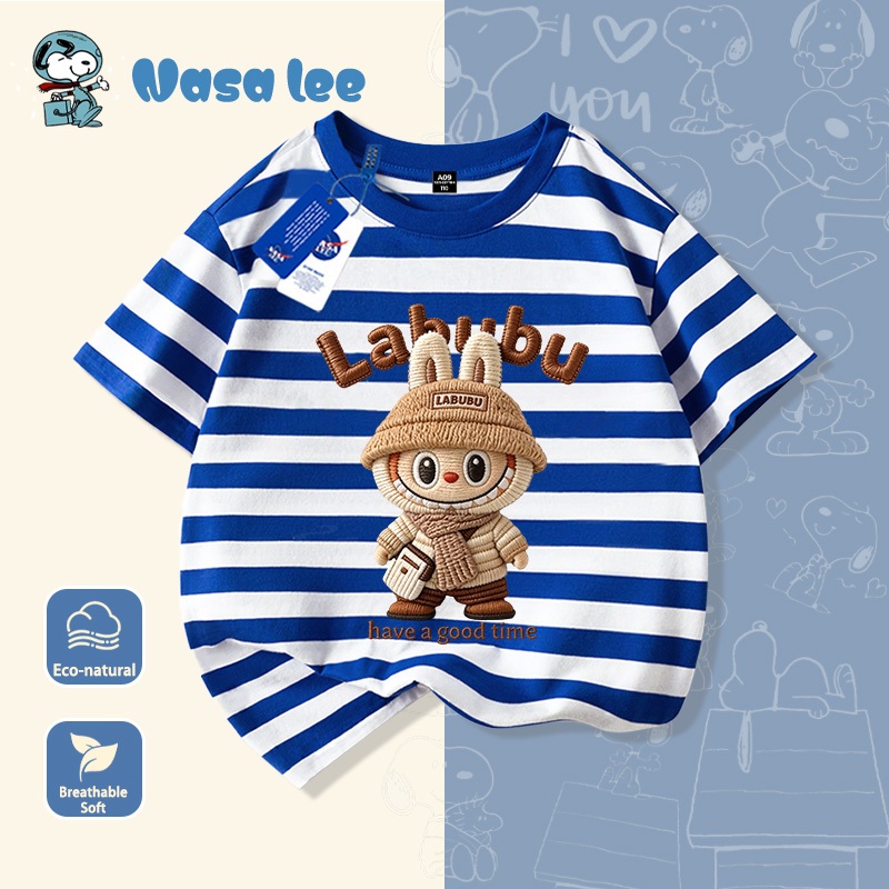 Baju T Kanak Kanak Labubu Corak Garis Comel Cotton Lembut Sesuai Pakai Harian Sekolah