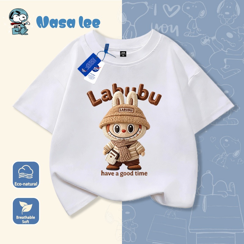 Baju T Kanak Kanak Labubu Corak Garis Comel Cotton Lembut Sesuai Pakai Harian Sekolah