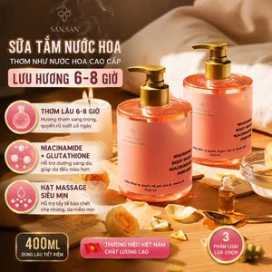 SAN SAN Sữa Tắm Nước Hoa Thơm Lâu 6-8 Giờ Cho Nữ – Niacinamide + Glutathione Dưỡng Sáng Da, Hạt Massage Tẩy Tế Bào Chết, Giữ Da Mềm Mịn, Cảm Giác Quyến Rũ Như Nước Hoa Cao Cấp, Dung Tích 400ml, Sữa Tắm Cao Cấp Hot Trend 2026