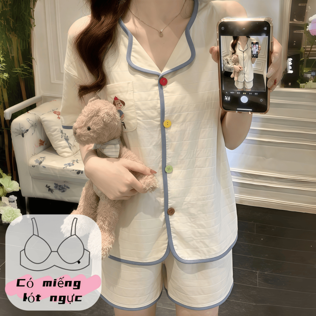 【Có độn ngực】Áo khoác mỏng dệt kim cổ V tay ngắn + quần đùi nữ mặc nhà chất cotton in họa tiết dễ thương phong cách ngọt ngào thanh lịch【hàng mới xuân hè 2026】