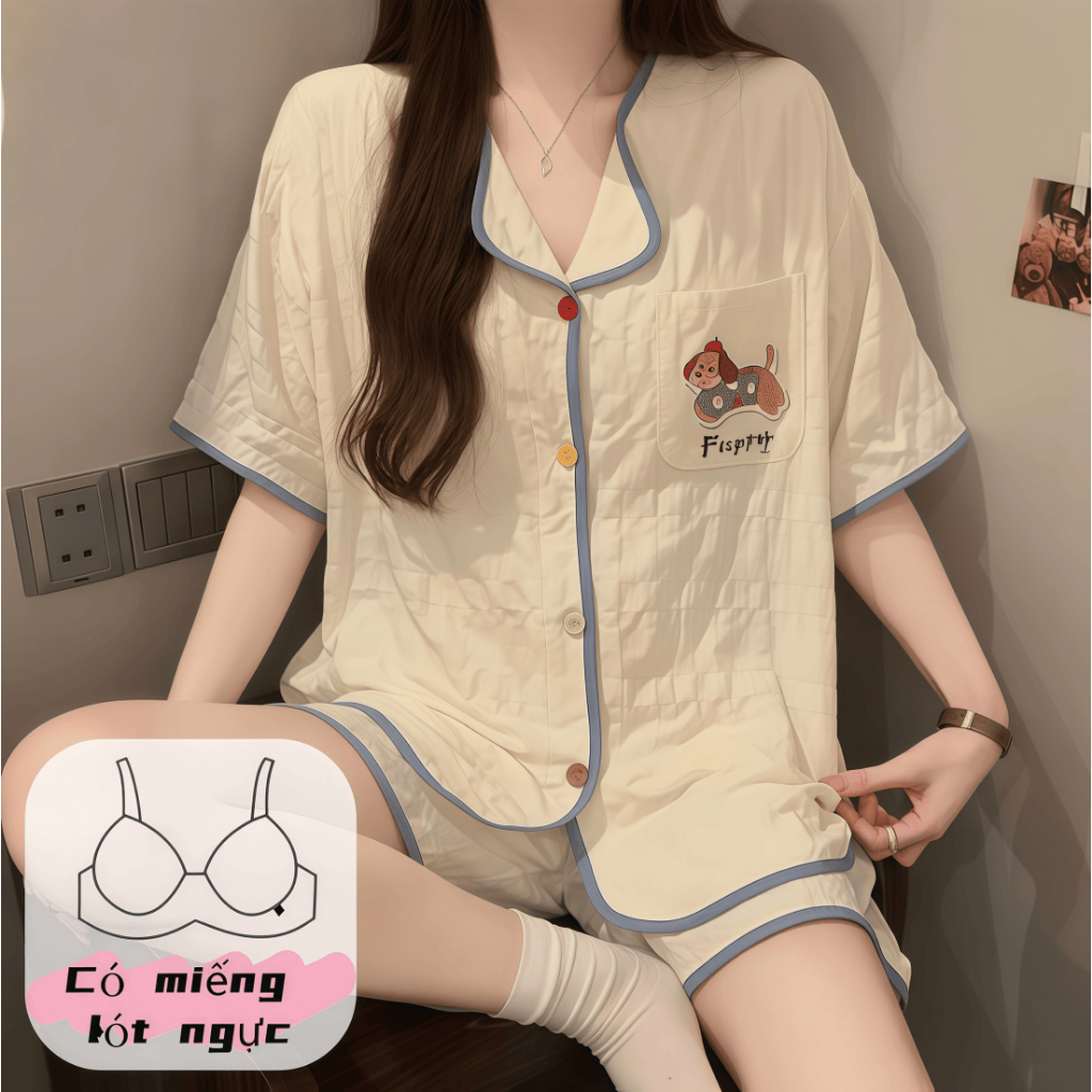 【Có độn ngực】Áo khoác mỏng dệt kim cổ V tay ngắn + quần đùi nữ mặc nhà chất cotton in họa tiết dễ thương phong cách ngọt ngào thanh lịch【hàng mới xuân hè 2026】