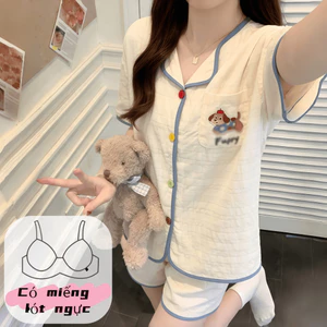 【Có độn ngực】Áo khoác mỏng dệt kim cổ V tay ngắn + quần đùi nữ mặc nhà chất cotton in họa tiết dễ thương phong cách ngọt ngào thanh lịch【hàng mới xuân hè 2026】