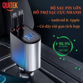 QUITEK SẠC XE HƠI 120W SIÊU NHANH, DÂY RÚT GỌN, 4 CỔNG, TƯƠNG THÍCH IPHONE VÀ ANDROID
