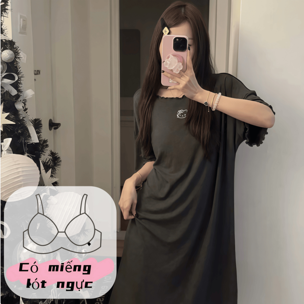 【hàng mới xuân hè 2026】【Có độn ngực】Đầm dài nữ mặc nhà cotton thoáng mát cổ tròn tay ngắn in hình dễ thương màu trơn