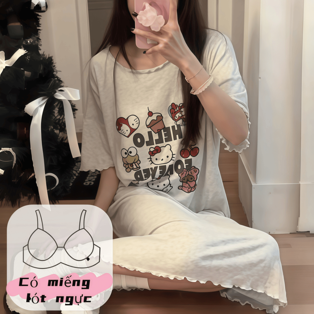 【hàng mới xuân hè 2026】【Có độn ngực】Đầm dài nữ mặc nhà cotton thoáng mát cổ tròn tay ngắn in hình dễ thương màu trơn