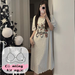 【hàng mới xuân hè 2026】【Có độn ngực】Đầm dài nữ mặc nhà cotton thoáng mát cổ tròn tay ngắn in hình dễ thương màu trơn