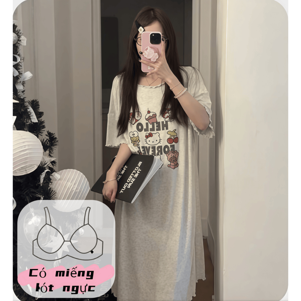 【hàng mới xuân hè 2026】【Có độn ngực】Đầm dài nữ mặc nhà cotton thoáng mát cổ tròn tay ngắn in hình dễ thương màu trơn