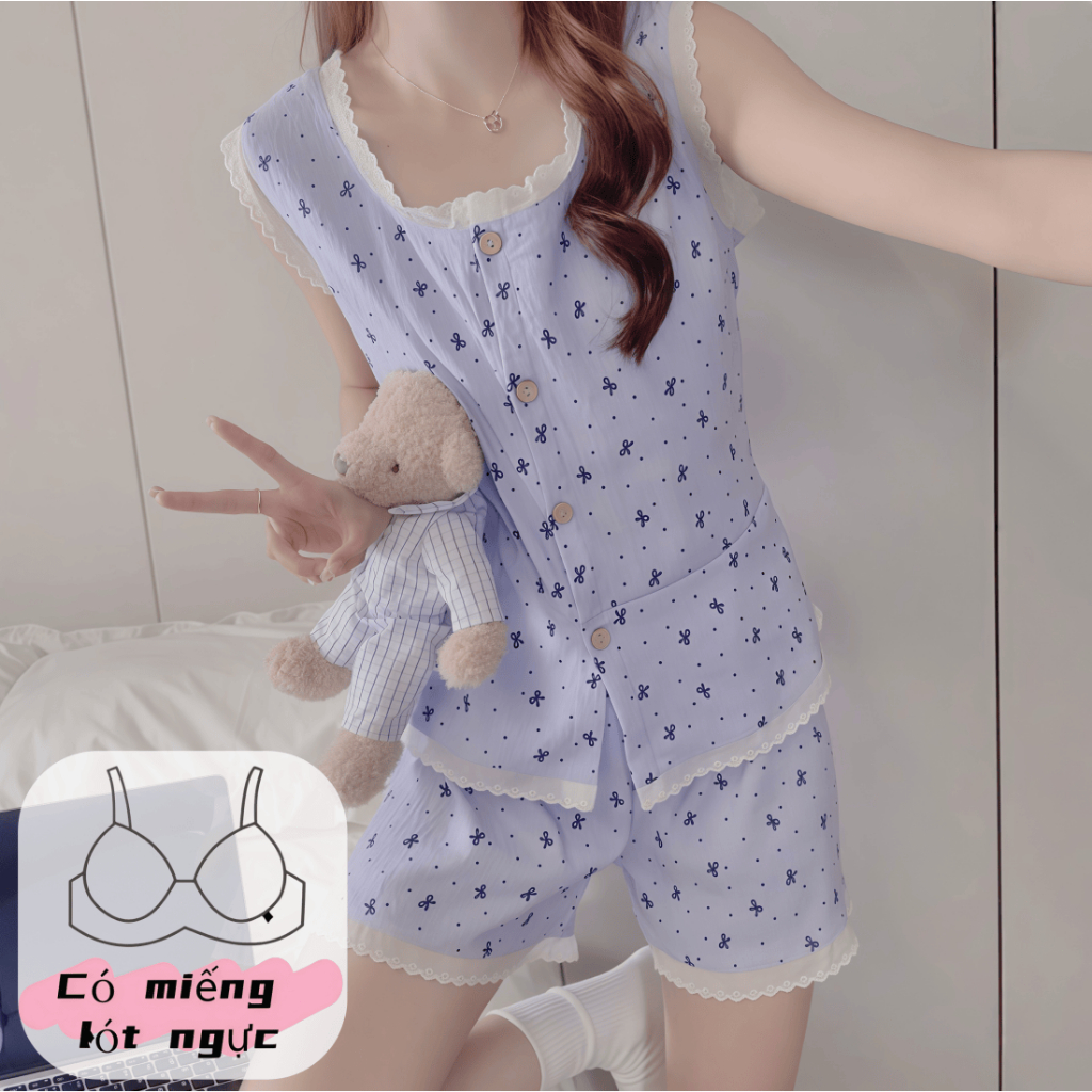 【Có độn ngực】Bộ đồ ngủ nữ mới xuân hè 2026: Áo dây quai/dây đeo màu xanh dễ thương?Chất cotton mềm mại?In hình chấm bi (polka) và nơ xinh?Quần đùi mặc nhà thoáng mát?Phong cách thoải mái