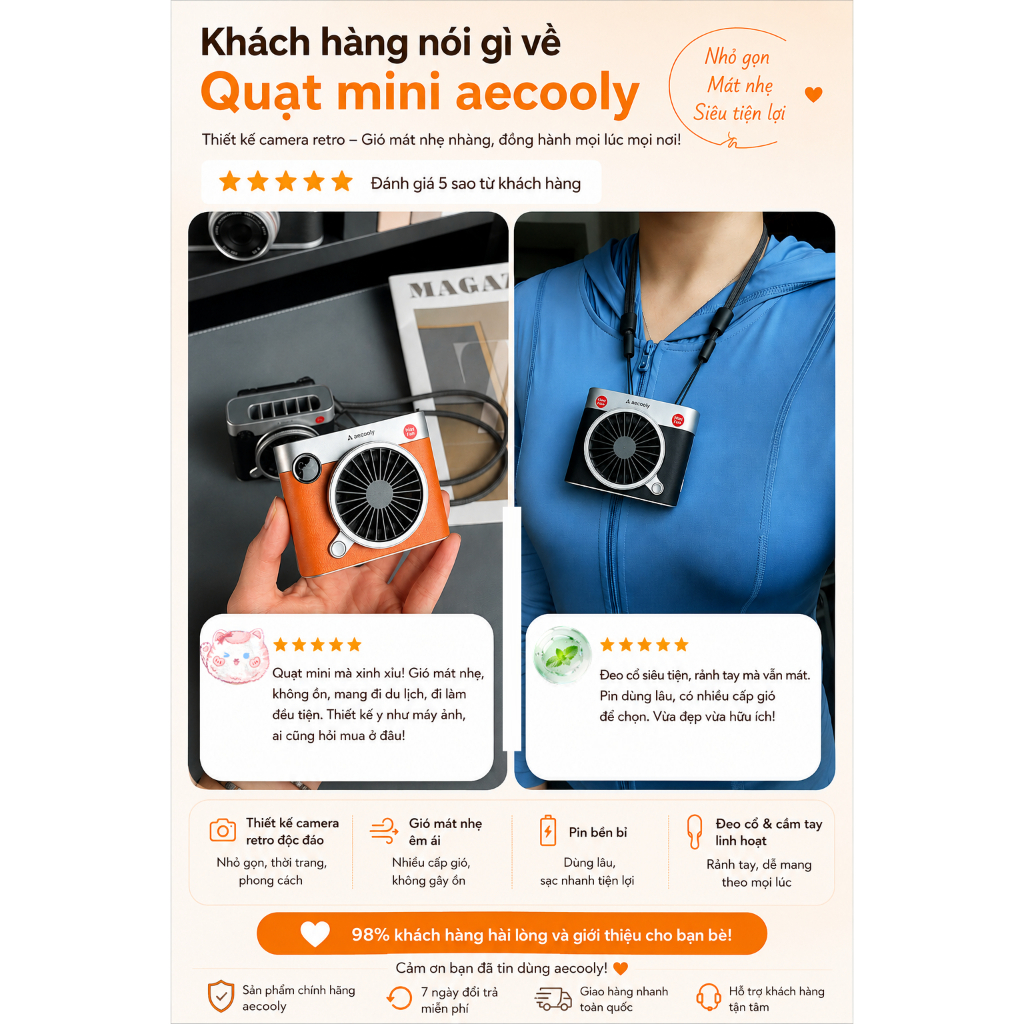 Aecooly Click Retro Quạt Cầm Tay Mini 7m/s Quạt Tích Điện Mini Nam Châm Quạt Đeo Cổ Đeo Eo Gió Mạnh Không Ồn Pin Lâu Màn Hình LED Quạt Mini Cầm Tay Quạt Tích Điện Pin Trâu