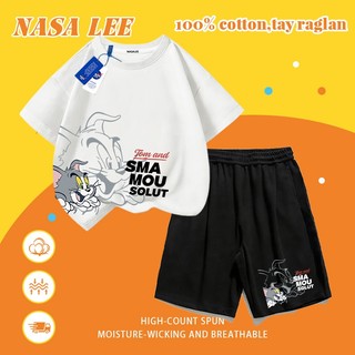 [Giao hàng trong ngày] Quần Short ngắn tay Cotton trắng cho trẻ em Bộ đồ hoạt hình phong cách mèo khâu họa tiết in 3-16 tuổi Bé trai bé gái Bộ đồ hai mảnh thông thường