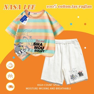 [Giao hàng trong ngày] Quần Short ngắn tay Cotton trắng cho trẻ em Bộ đồ hoạt hình phong cách mèo khâu họa tiết in 3-16 tuổi Bé trai bé gái Bộ đồ hai mảnh thông thường