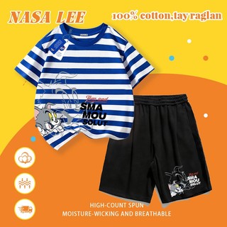 [Giao hàng trong ngày] Quần Short ngắn tay Cotton trắng cho trẻ em Bộ đồ hoạt hình phong cách mèo khâu họa tiết in 3-16 tuổi Bé trai bé gái Bộ đồ hai mảnh thông thường