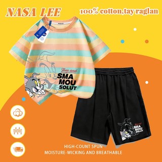 [Giao hàng trong ngày] Quần Short ngắn tay Cotton trắng cho trẻ em Bộ đồ hoạt hình phong cách mèo khâu họa tiết in 3-16 tuổi Bé trai bé gái Bộ đồ hai mảnh thông thường