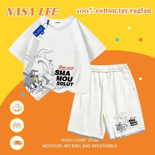 [Giao hàng trong ngày] Quần Short ngắn tay Cotton trắng cho trẻ em Bộ đồ hoạt hình phong cách mèo khâu họa tiết in 3-16 tuổi Bé trai bé gái Bộ đồ hai mảnh thông thường