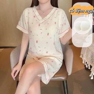 【Bông nguyên chất có miếng lót ngực】Bộ đồ ngủ mùa hè cổ V thoải mái - Áo thun + Quần đùi, chất liệu mát mịn, đánh giá 5 sao, thích hợp mặc nhà