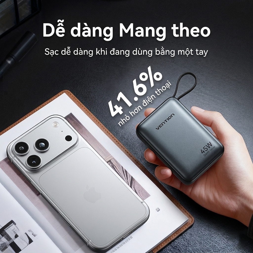 Vention Bộ Sạc Dự Phòng  20000mAh PD 45W | Sạc Nhanh Type-C PD Đa Năng | Cho iPhone 16 Pro Max & Samsung S24 Ultra | Bảo Hành Chính Hãng