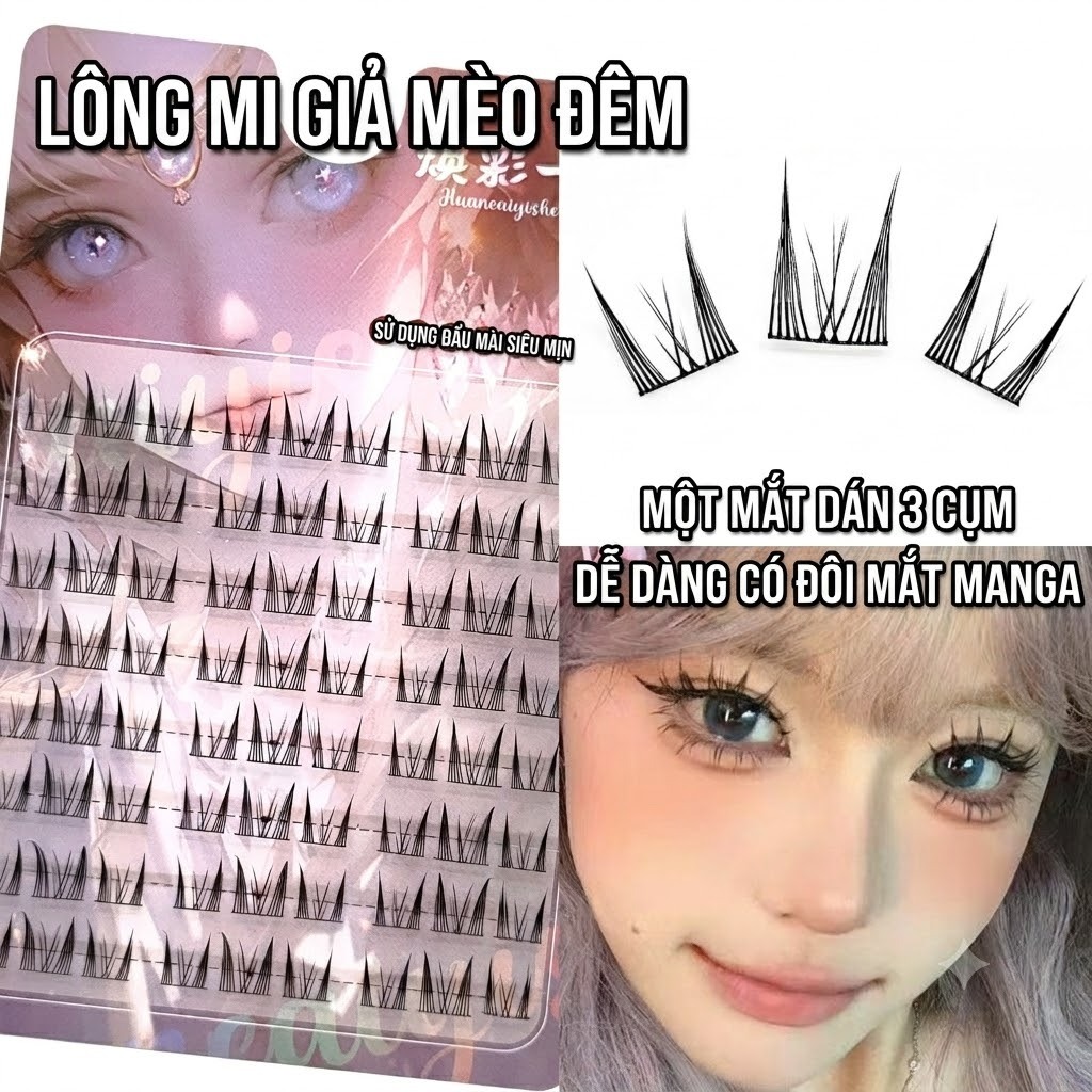 IOIIK 8 hàng--Mèo đêm Elf Fake Faielashes Lông mi giả dài truyện tranh Đôi mắt phóng to toàn diện và thiết kế tự nhiên Phân đoạn cụm đơn