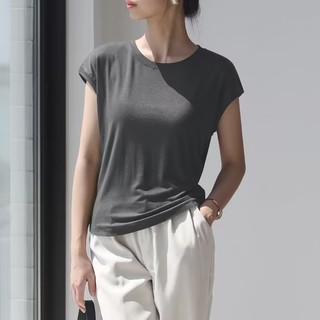 Áo thun nữ Modal Cotton cổ tròn Áo màu xám dáng rộng Áo thun không tay cỡ lớn Plus Size