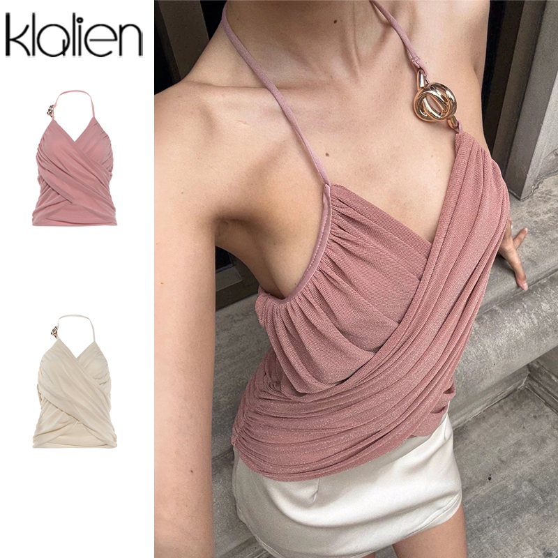 Klalien Camisole Mùa Hè Cổ Chữ V, Thiết Kế Ruched, Khóa Kim Loại - Phù Hợp Đi Biển và Kỳ Nghỉ
