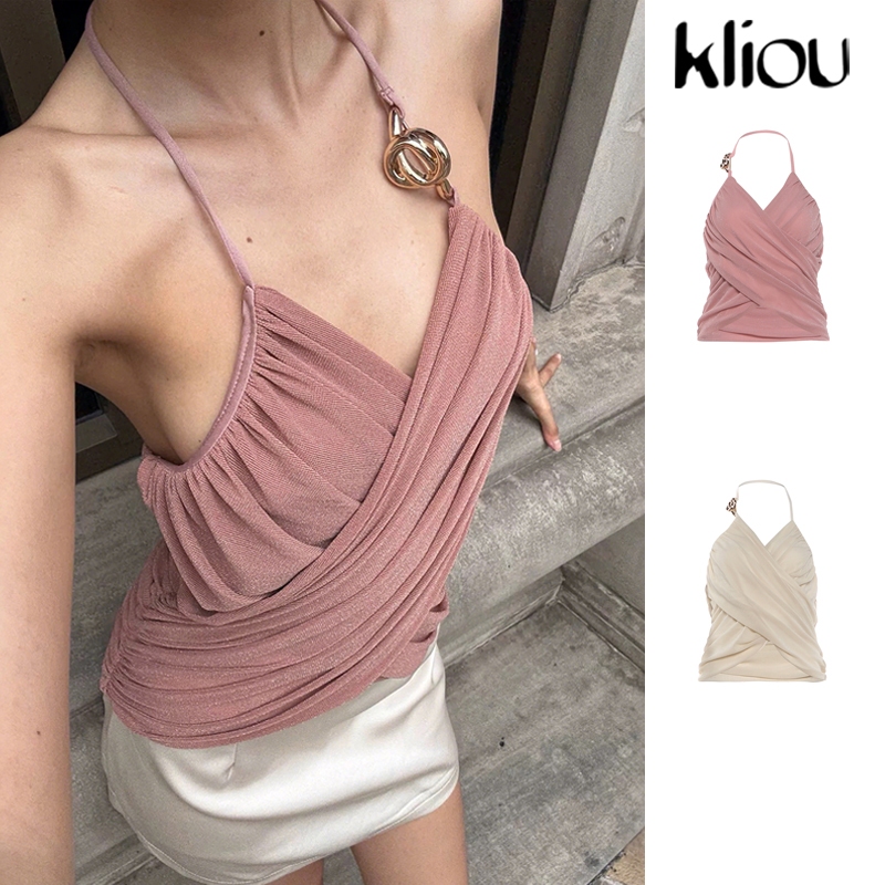 Kliou Gợi Cảm Nữ Camisole Ruched Mùa Hè Cổ Chữ V Quấn Ngực Khóa Kim Loại Chắp Vá Lưng Clubwear Đi Biển Kỳ Nghỉ Bể Cao Cấp