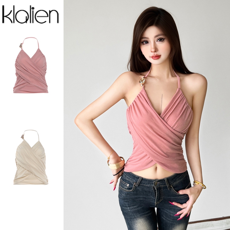 Klalien Gợi Cảm Nữ Camisole Ruched Mùa Hè Cổ Chữ V Quấn Ngực Khóa Kim Loại Chắp Vá Lưng Clubwear Đi Biển Kỳ Nghỉ Xe Tăng Áo