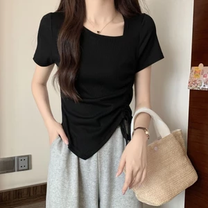 Giảm giá 29k áo phông nữ girl phố hot trắng basic xịn kiểu sang chảnh tay ngắn form rộng trơn áo thun cổ tròn vạt chéo đẹp