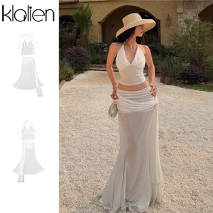 Bộ váy Klalien cổ chữ V trắng dây ruffle, thiết kế quyến rũ, thời thượng