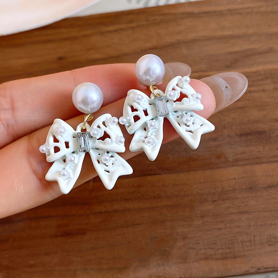 Bông tai nơ tráng men trắng đính ngọc trai giả & giọng kim cương giả CZ, Trang sức lãng mạn ngọt ngào thanh lịch dành cho nữ Trang phục hàng ngày & cô dâu