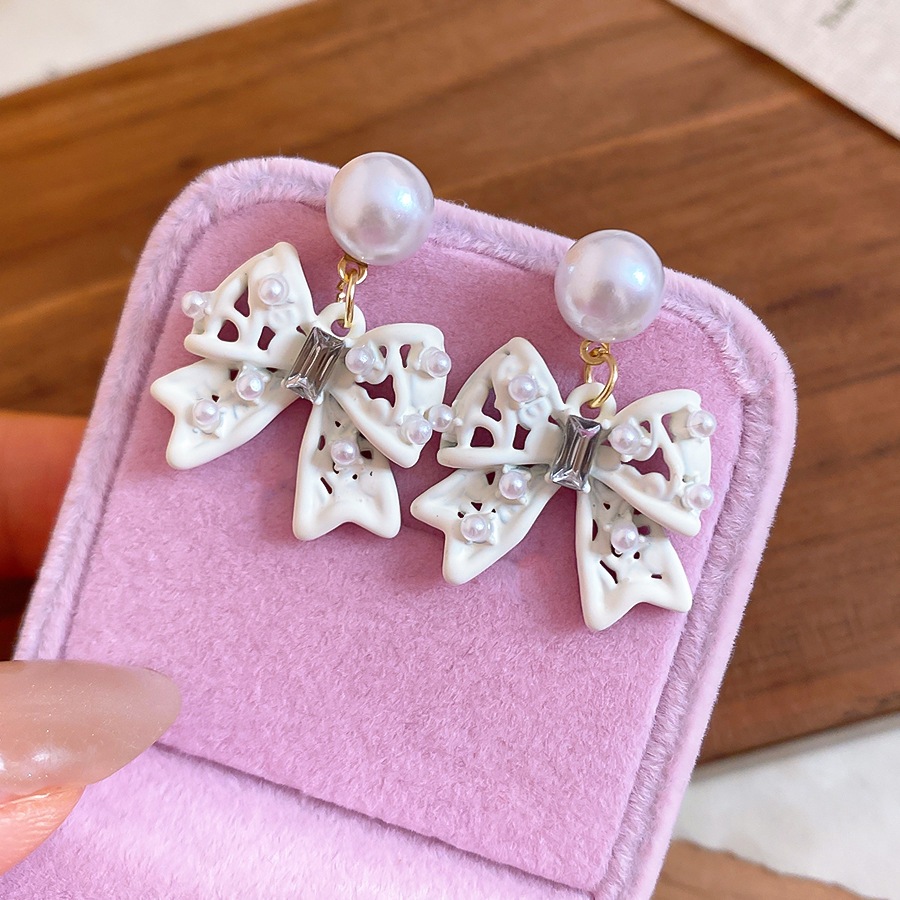 Bông tai nơ tráng men trắng đính ngọc trai giả & giọng kim cương giả CZ, Trang sức lãng mạn ngọt ngào thanh lịch dành cho nữ Trang phục hàng ngày & cô dâu