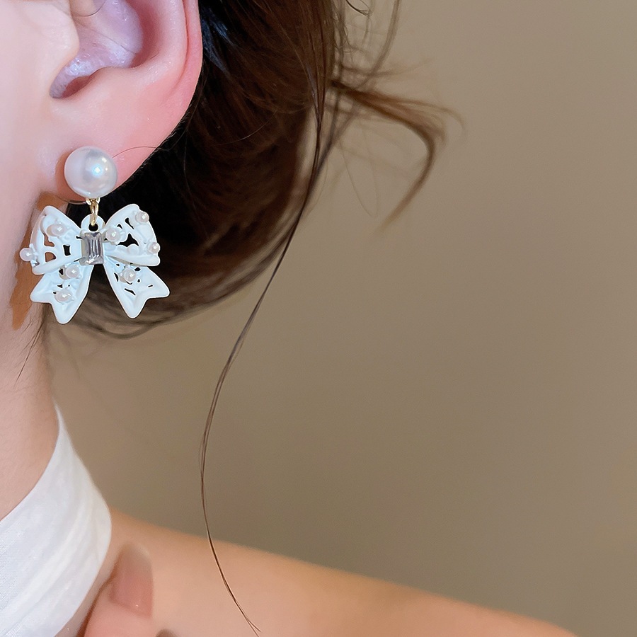 Bông tai nơ tráng men trắng đính ngọc trai giả & giọng kim cương giả CZ, Trang sức lãng mạn ngọt ngào thanh lịch dành cho nữ Trang phục hàng ngày & cô dâu