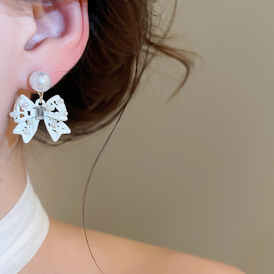 Bông tai nơ tráng men trắng đính ngọc trai giả & giọng kim cương giả CZ, Trang sức lãng mạn ngọt ngào thanh lịch dành cho nữ Trang phục hàng ngày & cô dâu