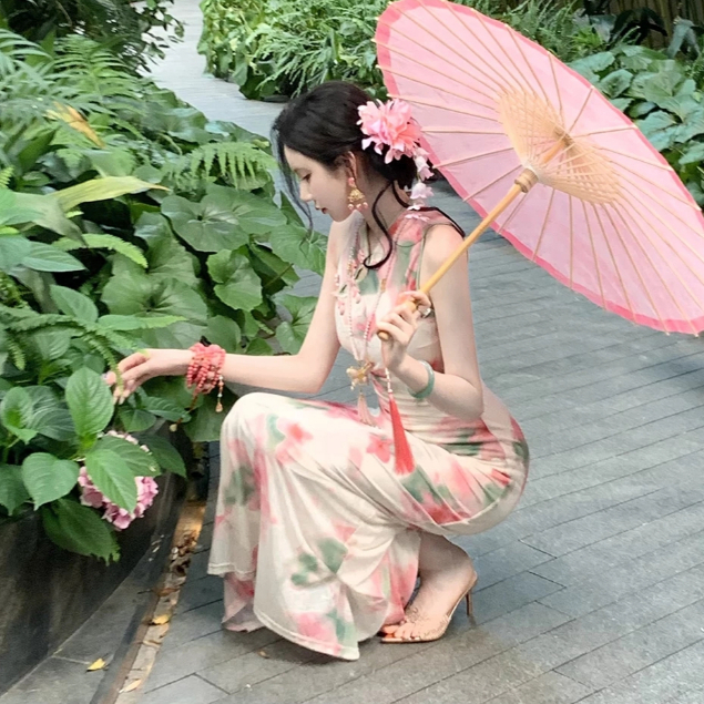 Du Lịch Trung Quốc Kỳ Nghỉ Hoa Voan Váy Dài Nữ Ôm Hơn Nhìn Gợi Cảm In Hình Cổ Tròn Không Tay Giữa Chiều Dài Skinny Đầm
