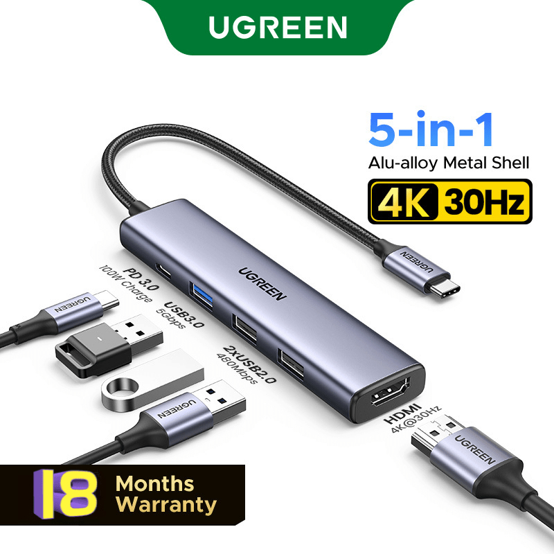 Hub C UGREEN với HDMI 4K, Bộ chuyển đổi đa cổng Type C 5 trong 1, Giao hàng nguồn 100W, Dock Thunderbolt 3 với 3 cổng USB 3.0 3 cổng dữ liệu USB-A, USB C Dongle cho MacBook