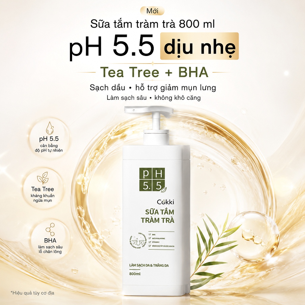 Sữa Tắm Tràm Trà Cokki BIG SIZE 800ml - Công Thức pH 5.5 Dịu Nhẹ Cho Da Nhạy Cảm - BHA & Vitamin E Loại Bỏ Dầu Thừa & Sạch Sâu Lỗ Chân Lông - Phù Hợp Cho Cả Nam & Nữ