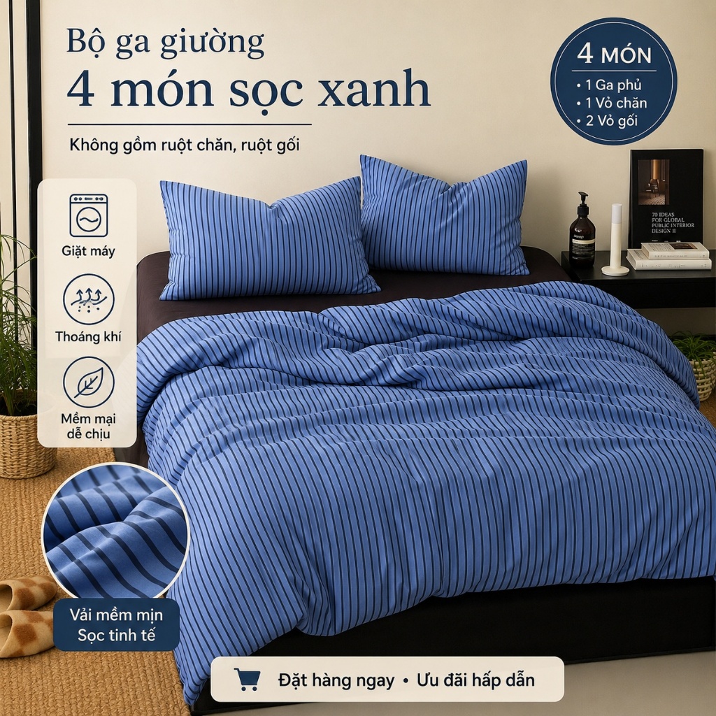 Bộ ga giường cotton nguyên chất mềm mịn, thoáng khí tốt, không phai màu vĩnh viễn, hàng có sẵn