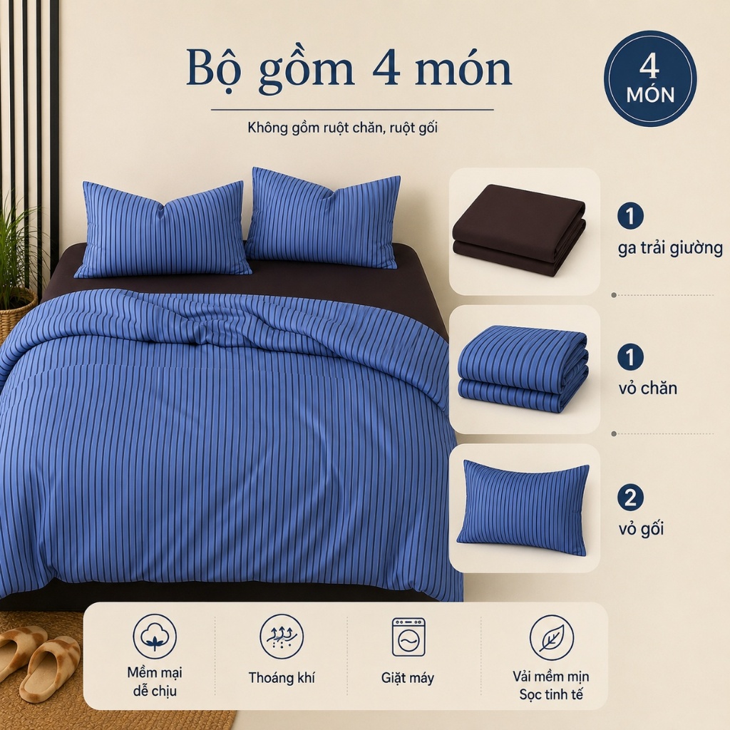 Bộ ga giường cotton nguyên chất mềm mịn, thoáng khí tốt, không phai màu vĩnh viễn, hàng có sẵn