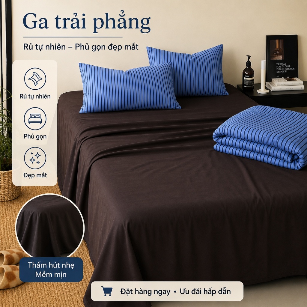 Bộ ga giường cotton nguyên chất mềm mịn, thoáng khí tốt, không phai màu vĩnh viễn, hàng có sẵn