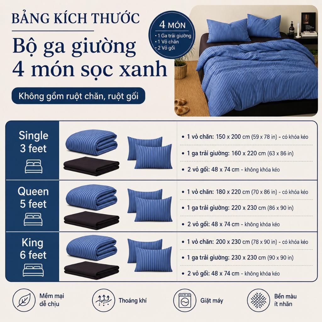 Bộ ga giường cotton nguyên chất mềm mịn, thoáng khí tốt, không phai màu vĩnh viễn, hàng có sẵn