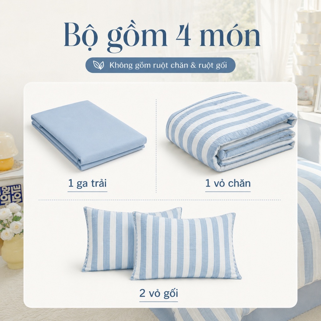 Bộ ga giường cotton 100% hàng có sẵn, mềm mại, thoáng mát, giặt máy không phai màu dùng 4 mùa