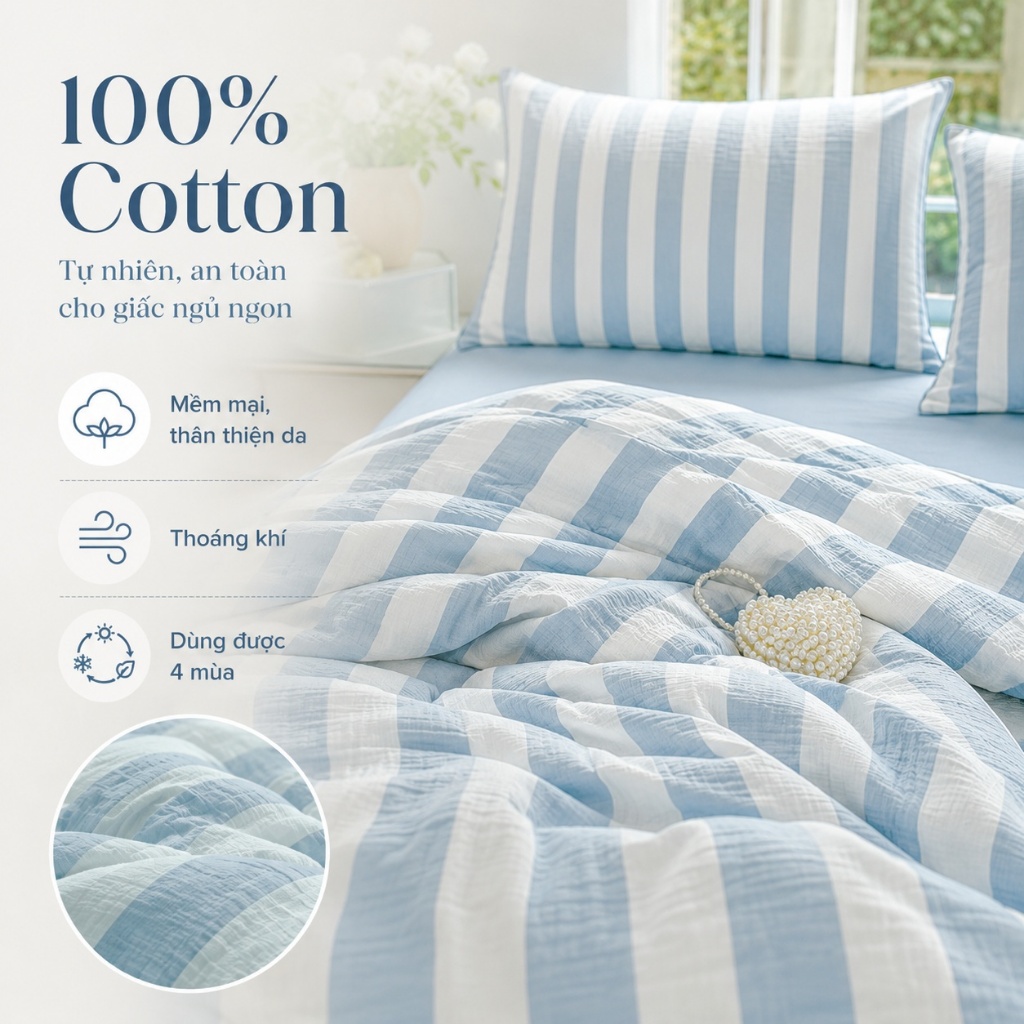 Bộ ga giường cotton 100% hàng có sẵn, mềm mại, thoáng mát, giặt máy không phai màu dùng 4 mùa