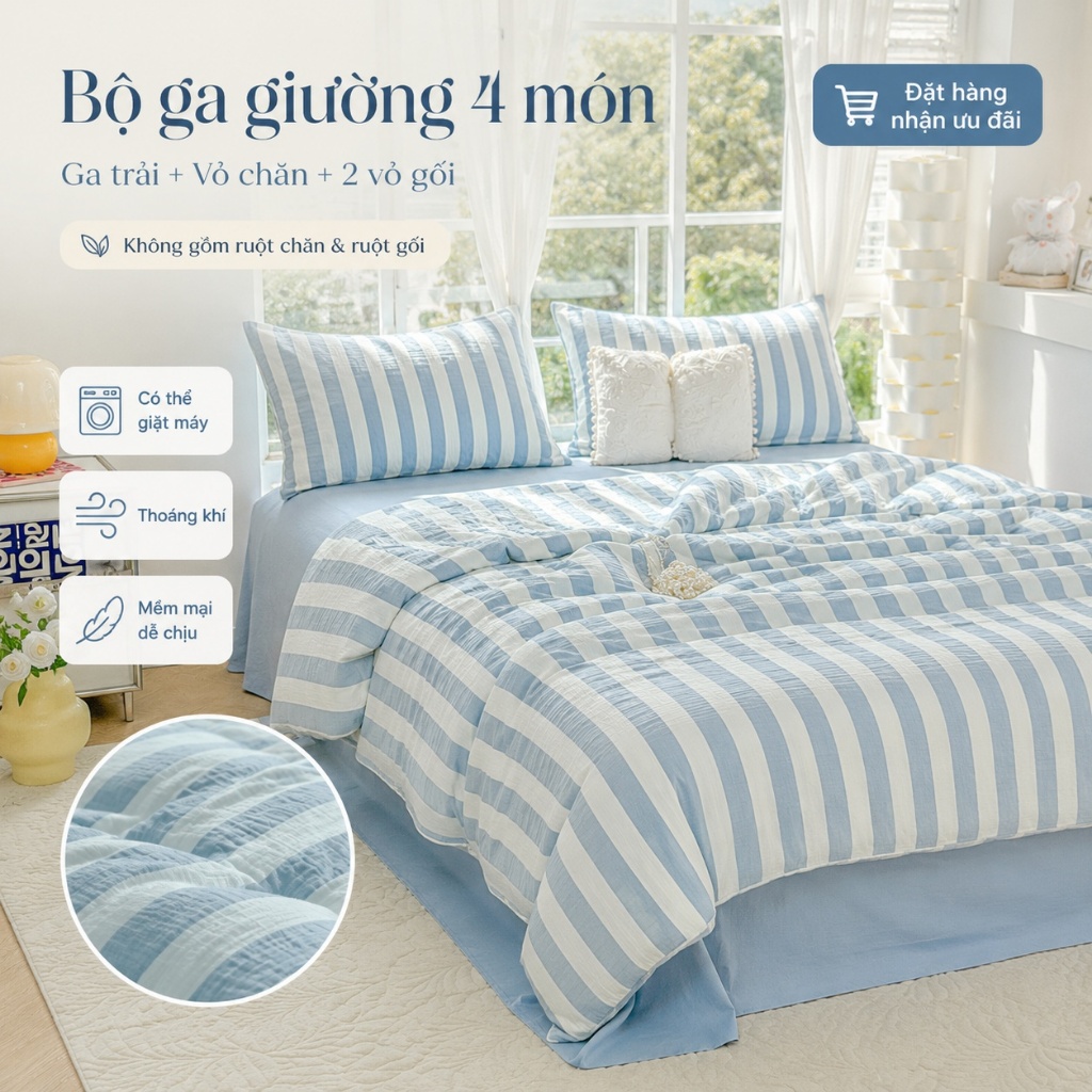 Bộ ga giường cotton 100% hàng có sẵn, mềm mại, thoáng mát, giặt máy không phai màu dùng 4 mùa
