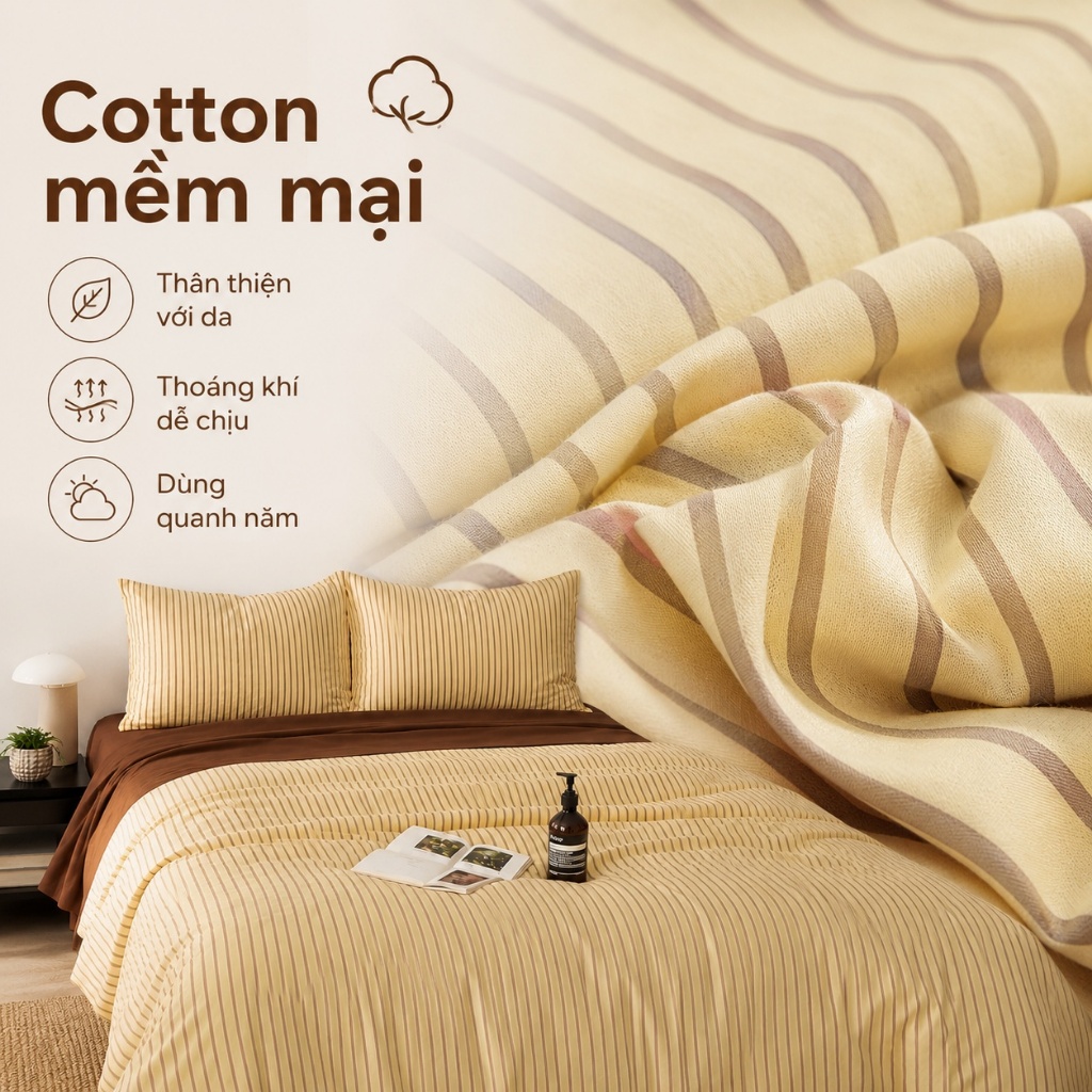 Bộ ga giường cotton 100% mềm mại da không gây kích ứng, thoáng mát 4 mùa, máy giặt không phai màu