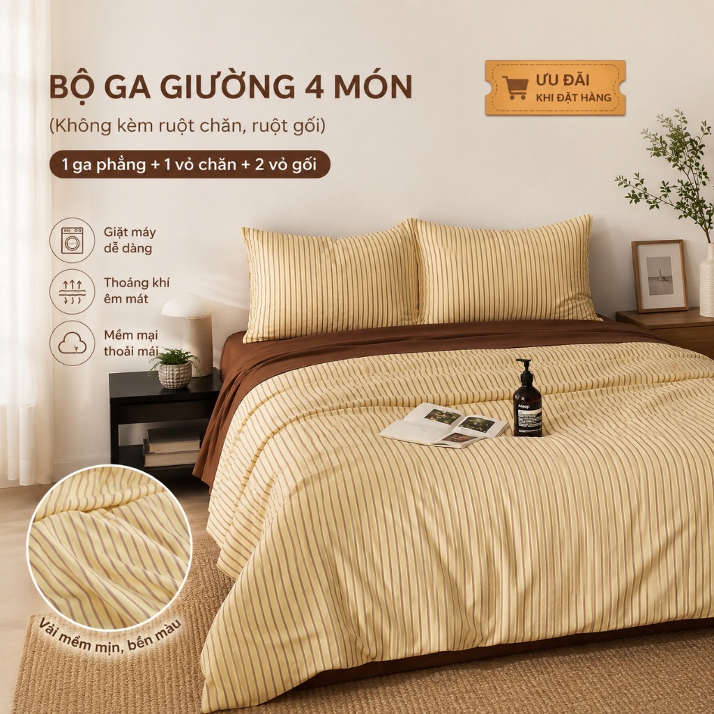 Bộ ga giường cotton 100% mềm mại da không gây kích ứng, thoáng mát 4 mùa, máy giặt không phai màu