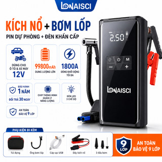 Máy bơm không khí ô tô không dây Bộ khởi động nhảy ô tô 4 trong 1 LONAISCI, Bộ tăng cường pin ô tô có máy nén khí, Đèn pin & Bộ sạc không dây, Bộ sạc dự phòng dung lượng cao 99800mAh