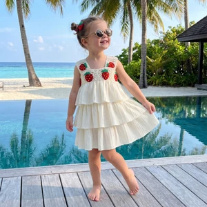 6M-4Y Bé Gái Xe Tăng Đầm Móc Hoa / Dâu Tây Không Tay Tầng Ruffle Cake Dress
