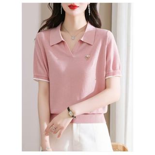 Hàn Quốc Đơn Giản Đi Lại Màu Hồng Dệt Kim Nữ Tay Ngắn Mẹ Trẻ Áo Thun Tính Khí Cổ Vuông Mỏng Phong Cách Mùa Hè Top 2026 Phong Cách Mới